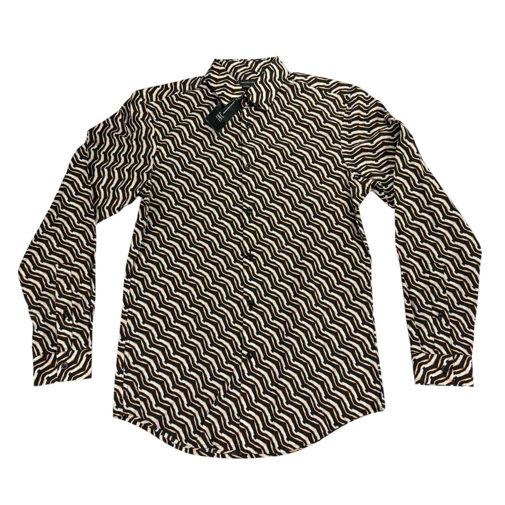 INC Mens Jungle Stripe Long Sleeve Button Down Shirt Brown Black XS